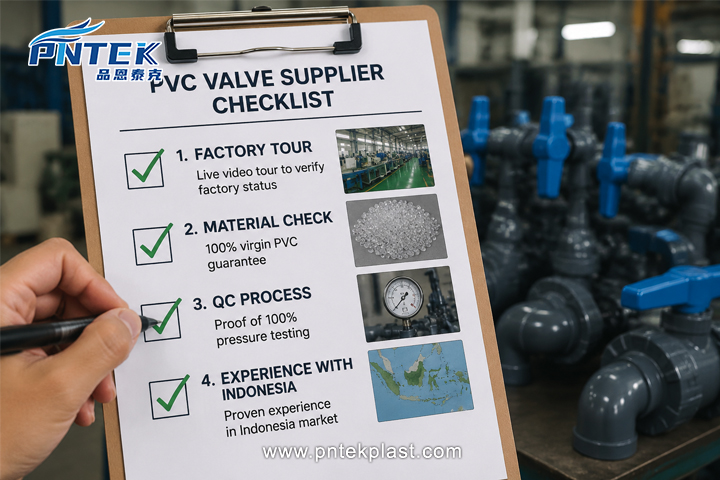 A checklist on a clipboard with items like 'Factory Tour' and 'Material Check' being ticked off