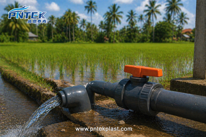 İndoneziya düyü tarlasında isti günəş altında uğurla işləyən PVC kürə klapan qurğusu