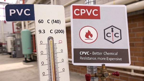 Side-by-side comparison of white PVC and cream-colored CPVC ball valves on a workbench