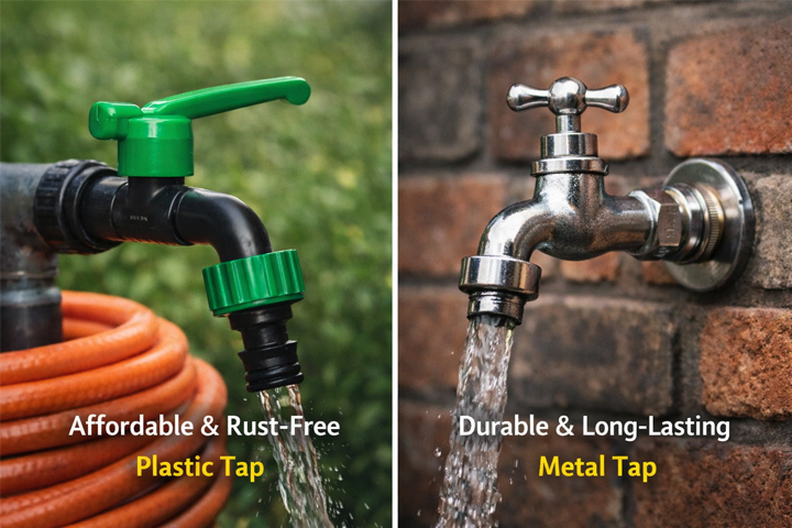 Plastic vs Metal Taps Comparison A close-up of a modern plastic tap and a classic metal tap side-by-side