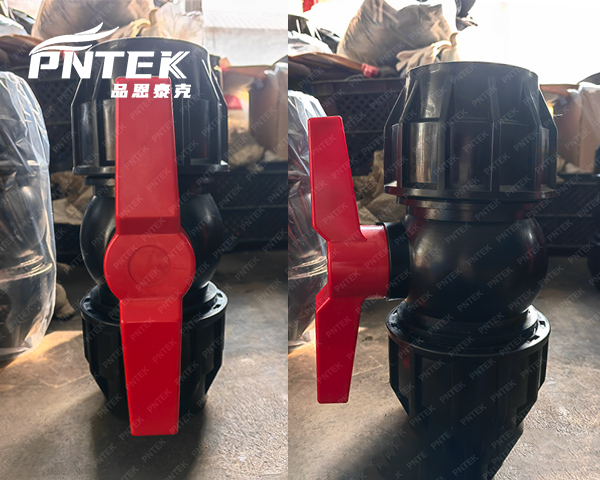A Pntek PN16 PP ball valve with a pressure gauge showing 16 bar
