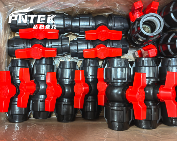 A grey industrial PP ball valve from the Pntek factory line