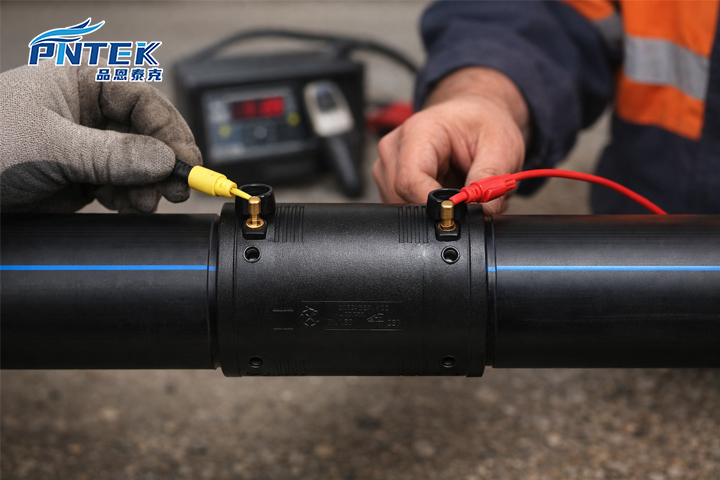 Elektrofuzijska spojnica se postavlja na dva kraja HDPE cijevi prije zavarivanja