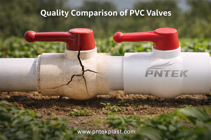 Quality Comparison of PVC Valves An image comparing a cracked, low-quality PVC valve next to a solid, high-quality one