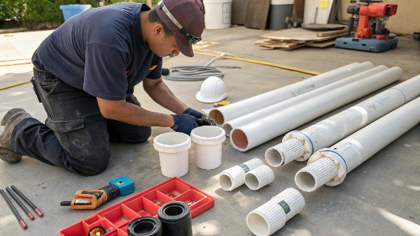 A PVC reducer bushing and a reducer coupling next to two different sized pipes