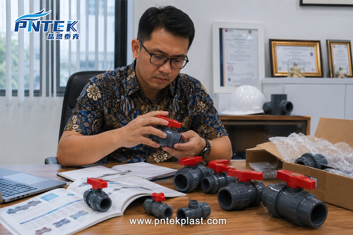 Requesting PVC Valve Samples a buyer inspecting several PVC valve samples on a desk