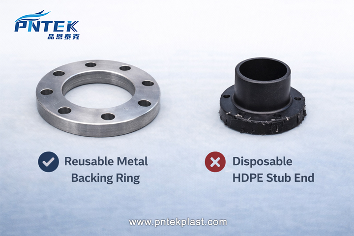 Reusable Backing Ring vs. Disposable Stub End An image of a clean, reusable metal backing ring next to a cut-off HDPE flange adaptor that must be discarded