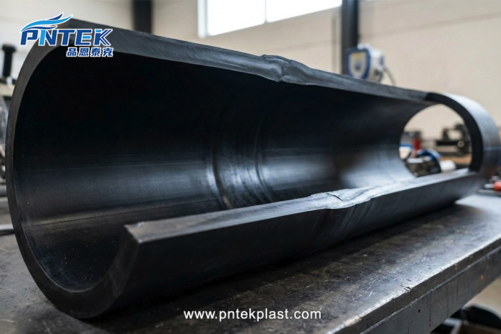 A cutaway view showing a seamless and fully fused HDPE butt joint