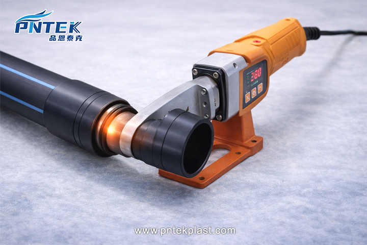 A socket fusion heating tool with an HDPE pipe and fitting ready for heating