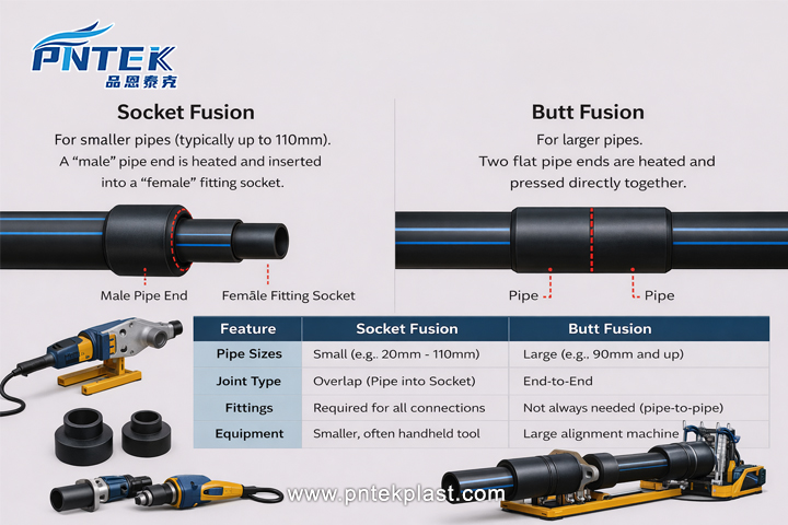 Diagram comparing the socket fusion overlap joint and the butt fusion end-to-end joint