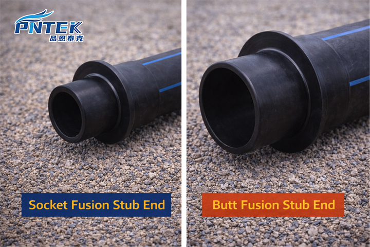 Socket Fusion vs. Butt Fusion Stub Ends A side-by-side comparison of a small socket fusion stub end and a large butt fusion stub end