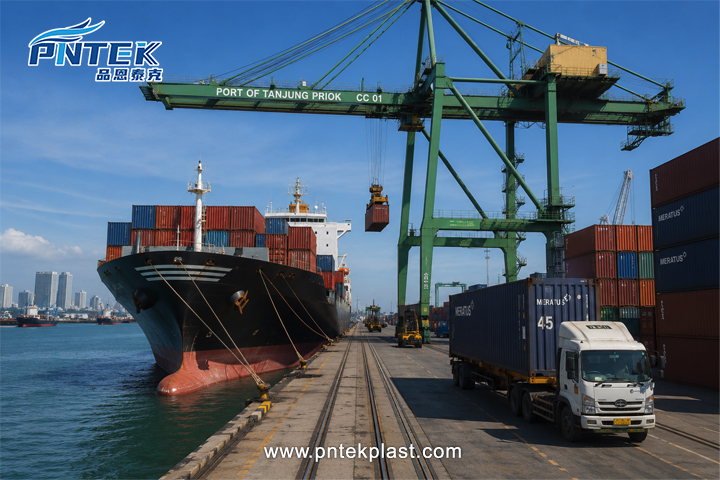 Sourcing PVC Valves for Indonesia an Indonesian port with cargo ships and cranes