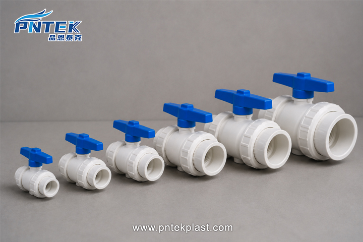 Standard Sizes of PVC Ball Valves A lineup of PVC ball valves showing various sizes from small (1/2 inch) to large (4 inch)
