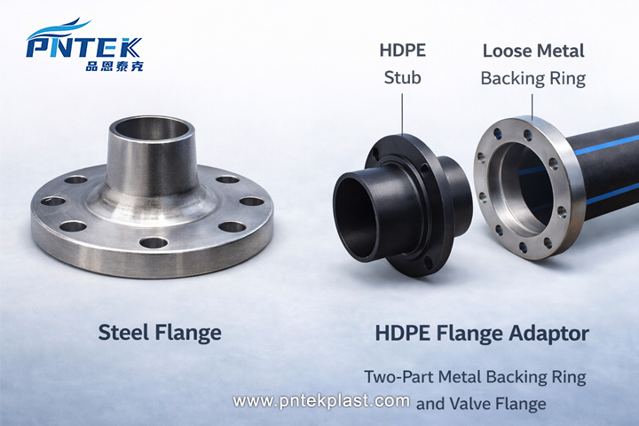 Steel Flange vs. HDPE Flange Adaptor A side-by-side comparison of a solid steel weld-neck flange and an HDPE flange adaptor with its separate backing ring