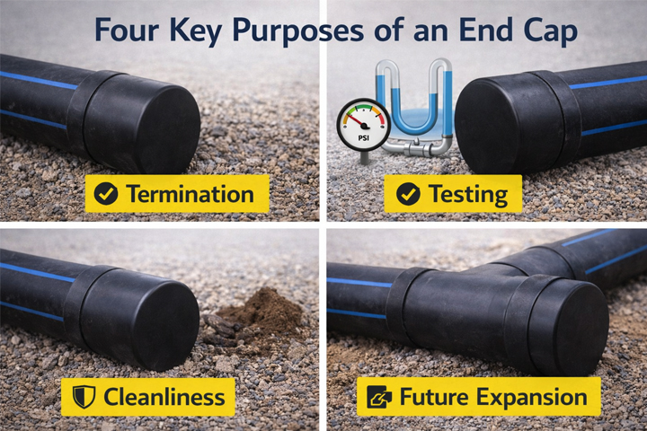 ایک خاکہ جو اختتامی ٹوپی کے چار بنیادی مقاصد کو ظاہر کرتا ہے: خاتمہ، جانچ، صفائی، مستقبل کی توسیع