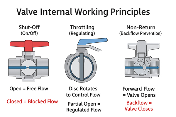An infographic showing icons for shut-off, throttling, and non-return valves
