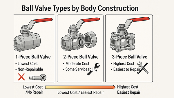 An image showing a 1-piece, 2-piece, and 3-piece ball valve lined up for comparison