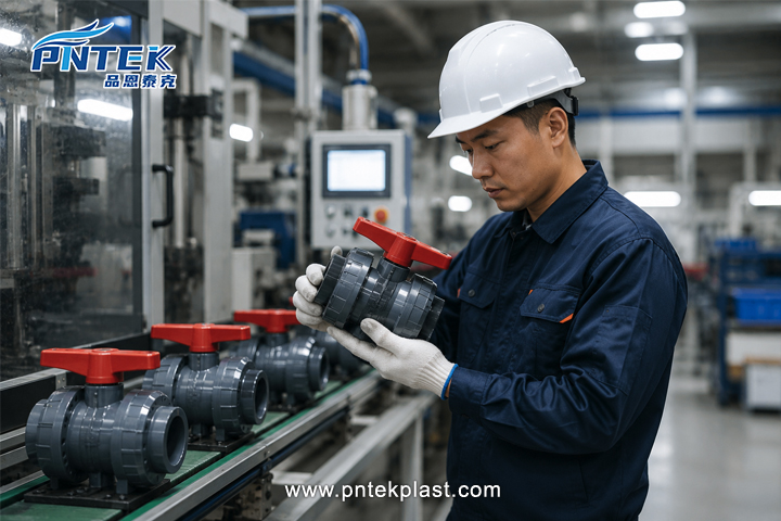 A quality control engineer inspecting PVC ball valves on a production line
