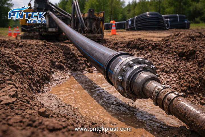 A picture of trenchless drilling (HDD) with a PE 100 pipe being pulled through