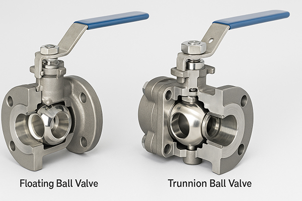 Cutaway diagrams comparing the internal mechanics of a floating ball valve and a trunnion-mounted ball valve