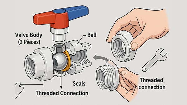 A detailed view of a two-piece ball valve showing the threaded body connection