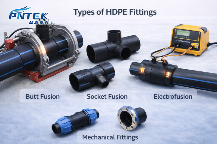 A variety of HDPE fittings including butt fusion, socket fusion, and compression types