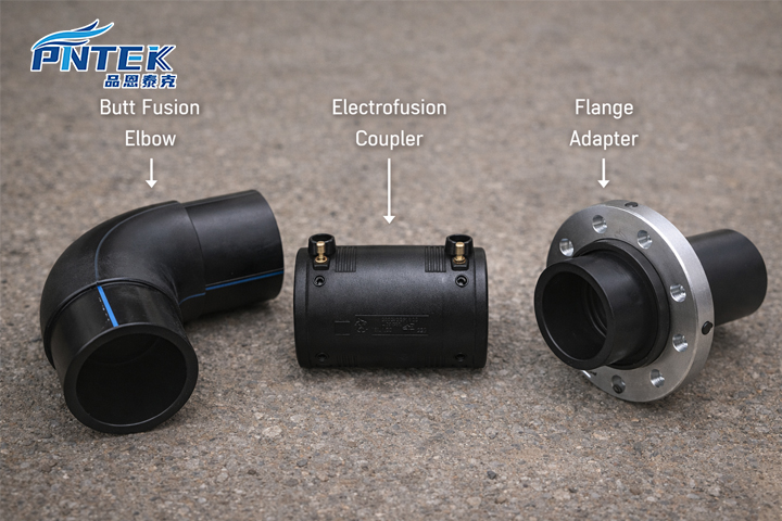 Asortiman HDPE spojnica: crni koljen za sučeono zavarivanje, elektrofuzijska spojnica i prirubnički adapter