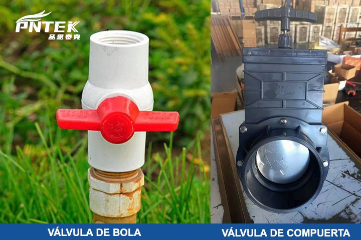 Una válvula de bola de PVC al lado de una válvula de compuerta de PVC