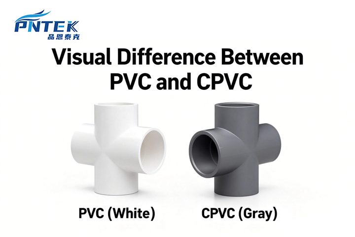Visual Difference Between PVC and CPVC A white PVC pipe fitting next to a light gray CPVC fitting