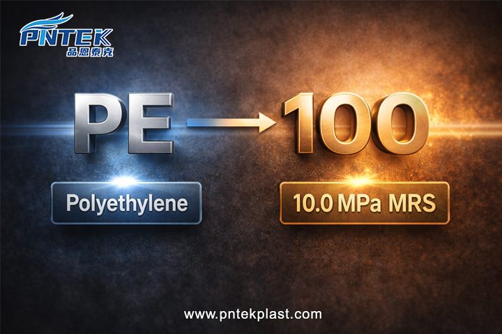 A simple chart explaining that PE means Polyethylene and 100 means 10.0 MPa MRS