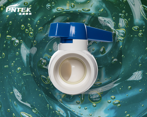 A high-quality Pntek PVC ball valve with a blue handle