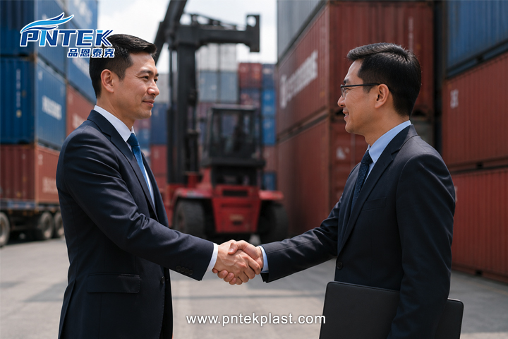 Working with a PVC Valve Supplier two business people shaking hands in front of shipping containers